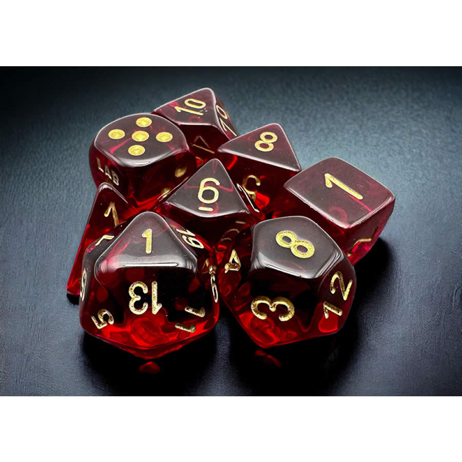 CHX30058 Crimson Translucent Dice with Gold Numbers 7+1 Dice Set 16mm (5/8in)