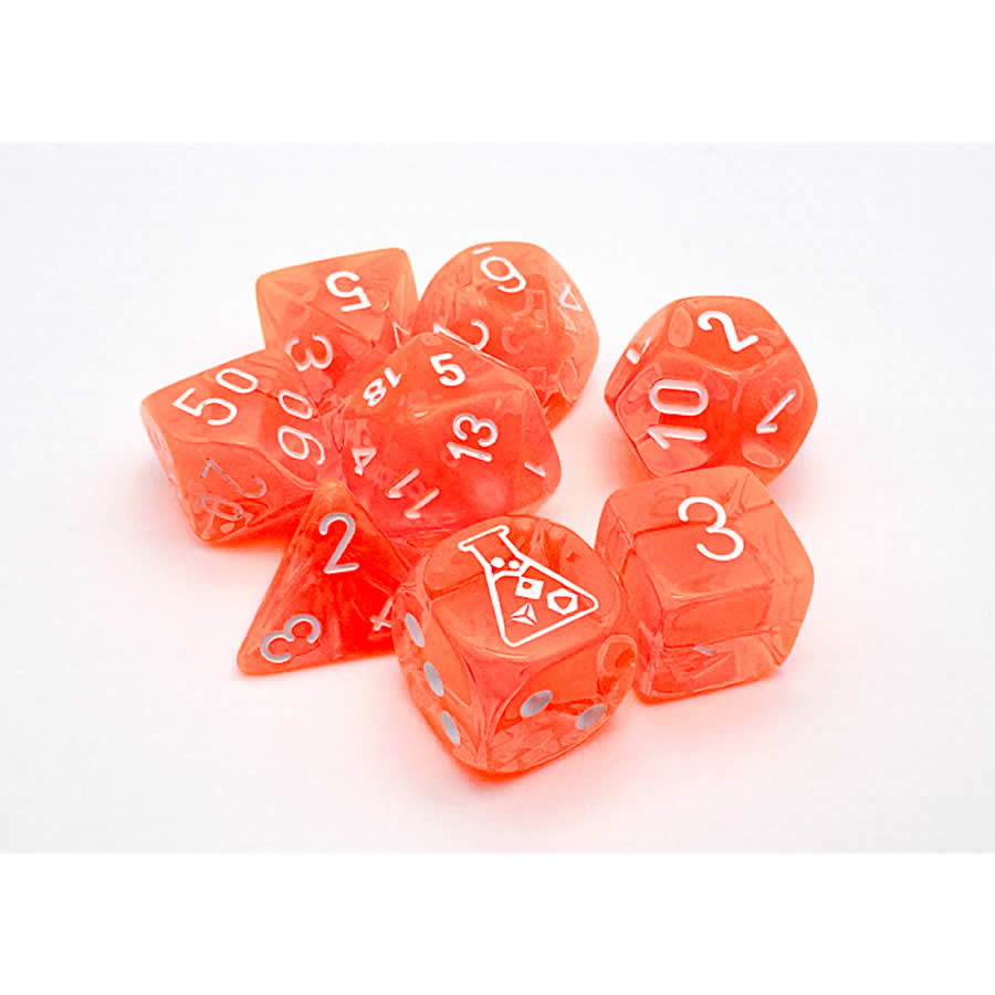 CHX30060 Neon Orange Translucent Dice with White Numbers 7+1 Dice Set 16mm (5/8in)