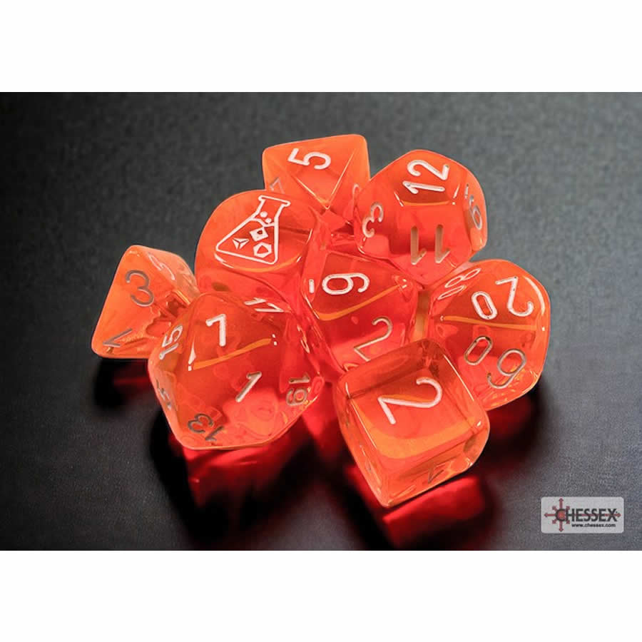 CHX30060 Neon Orange Translucent Dice with White Numbers 7+1 Dice Set 16mm (5/8in)