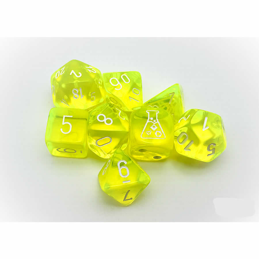 CHX30061 Neon Yellow Translucent Dice with White Numbers 7+1 Dice Set 16mm (5/8in)