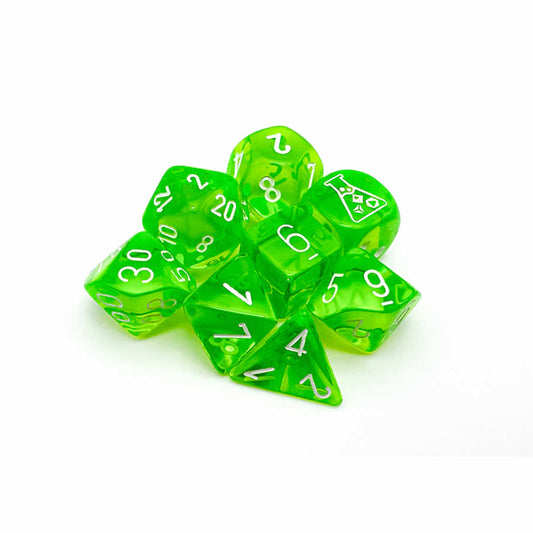 CHX30062 Rad Green Translucent Dice with White Numbers 7+1 Dice Set 16mm (5/8in)