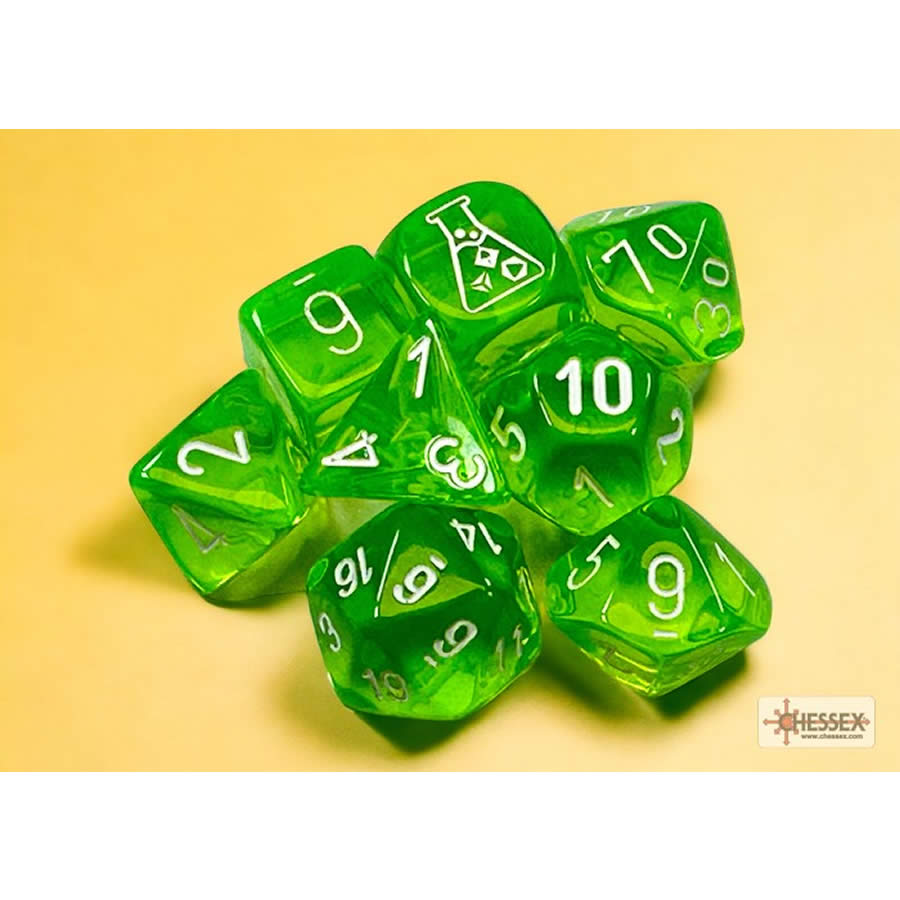 CHX30062 Rad Green Translucent Dice with White Numbers 7+1 Dice Set 16mm (5/8in)