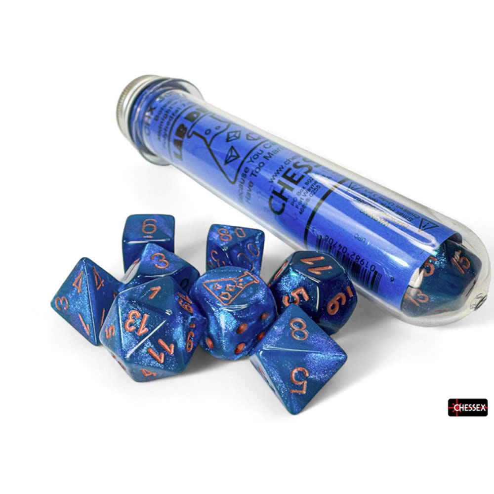 CHX30069 Midnight Borealis Dice with Copper Numbers 7+1 Lab Dice Set 16mm (5/8in)