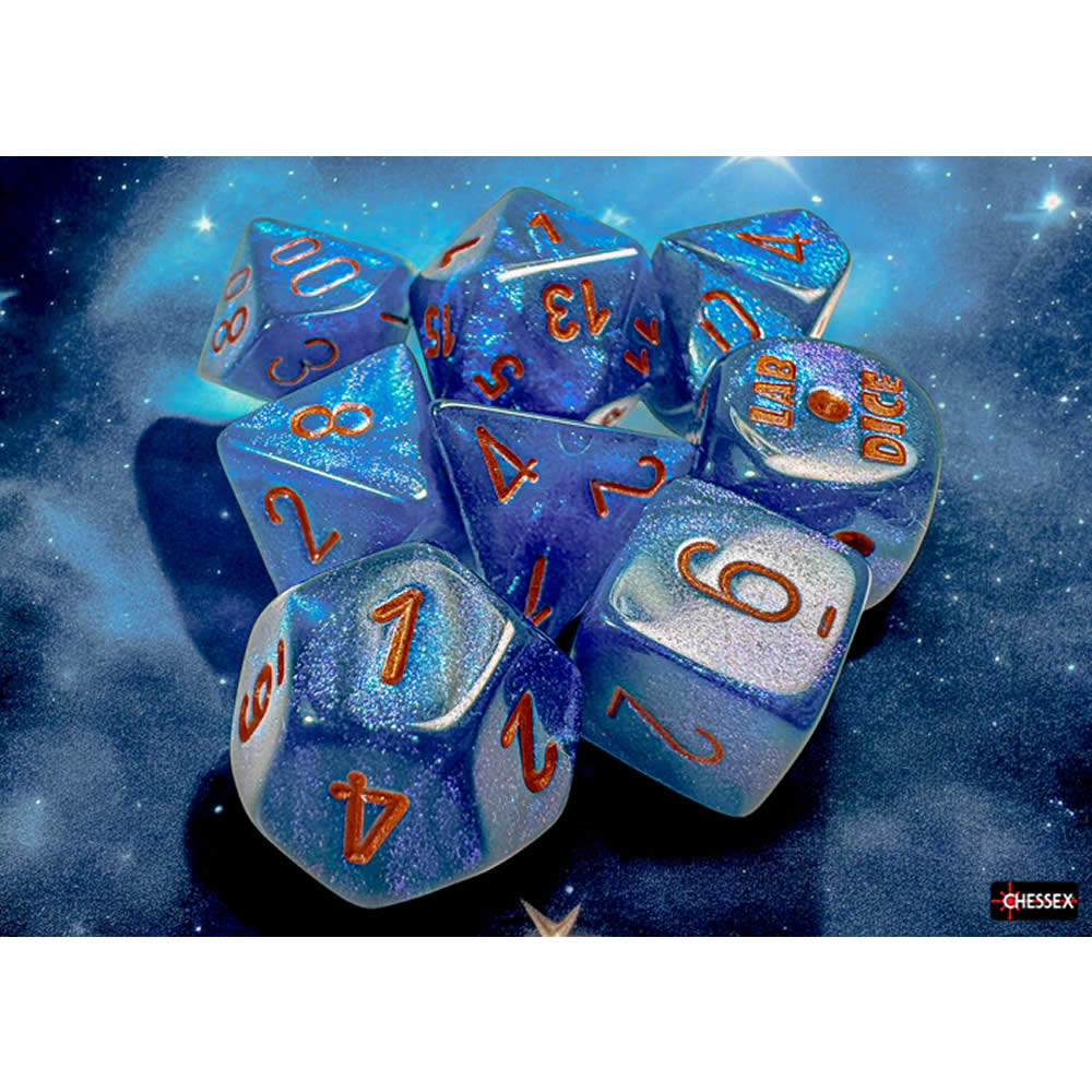 CHX30069 Midnight Borealis Dice with Copper Numbers 7+1 Lab Dice Set 16mm (5/8in)