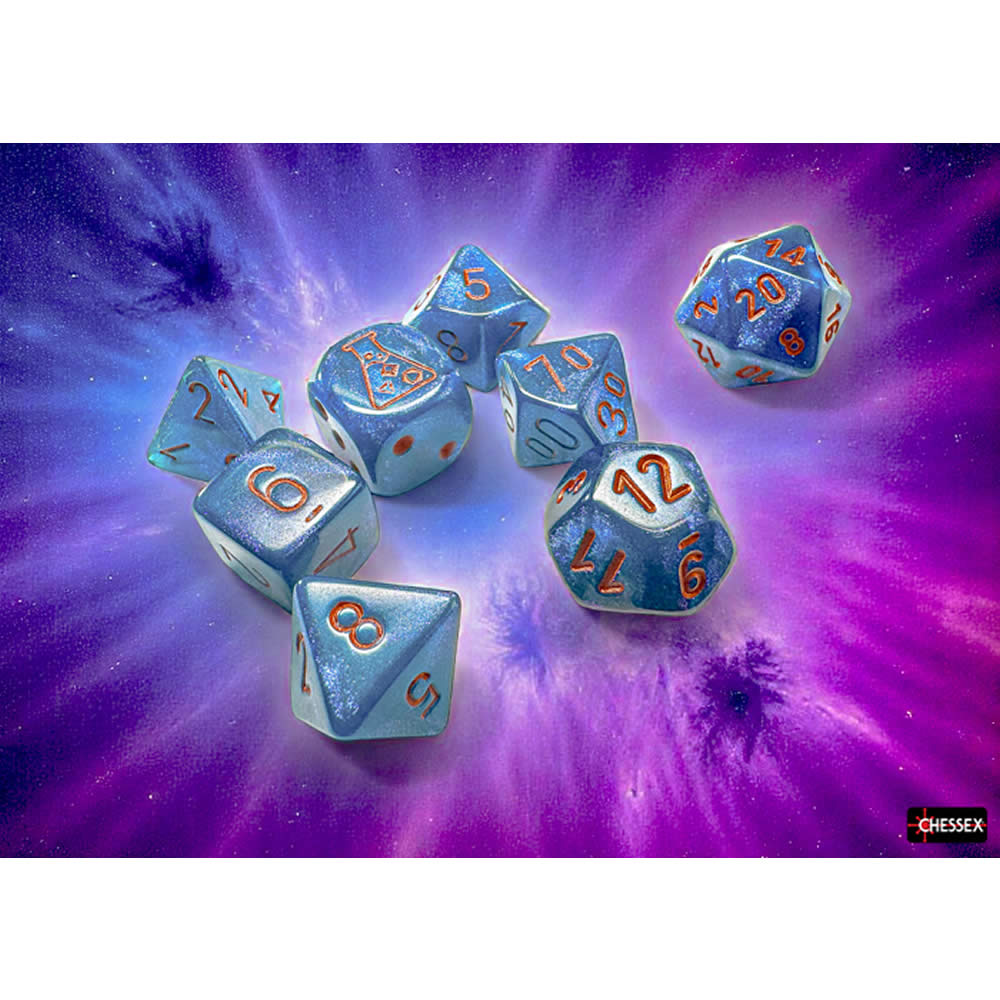 CHX30069 Midnight Borealis Dice with Copper Numbers 7+1 Lab Dice Set 16mm (5/8in)