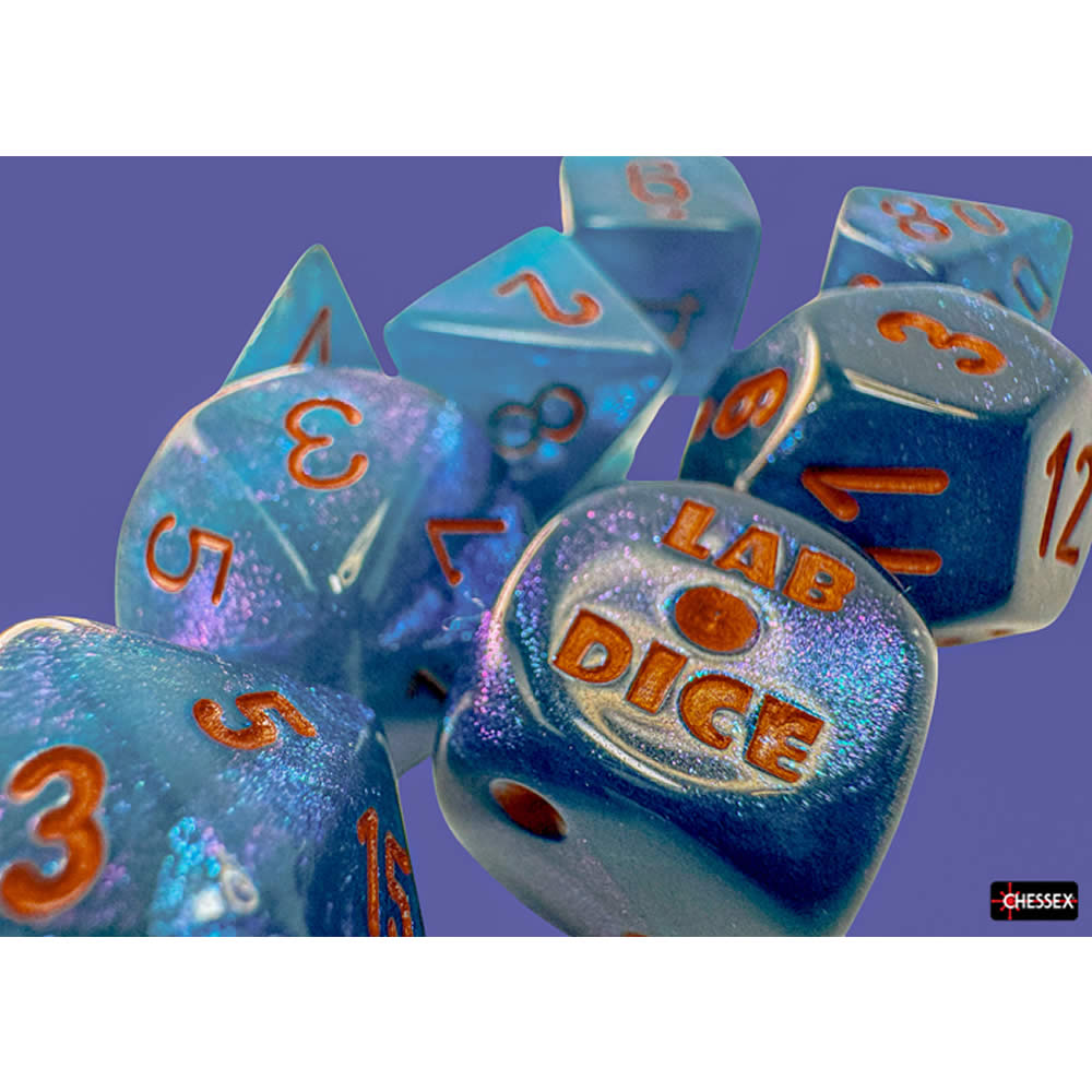 CHX30069 Midnight Borealis Dice with Copper Numbers 7+1 Lab Dice Set 16mm (5/8in)