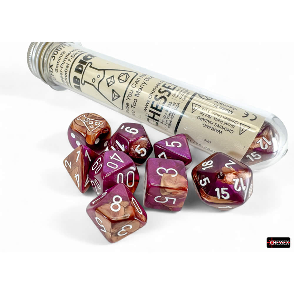 CHX30071 Copper Purple Gemini Dice with White Numbers 7+1 Lab Dice Set 16mm (5/8in) Chessex