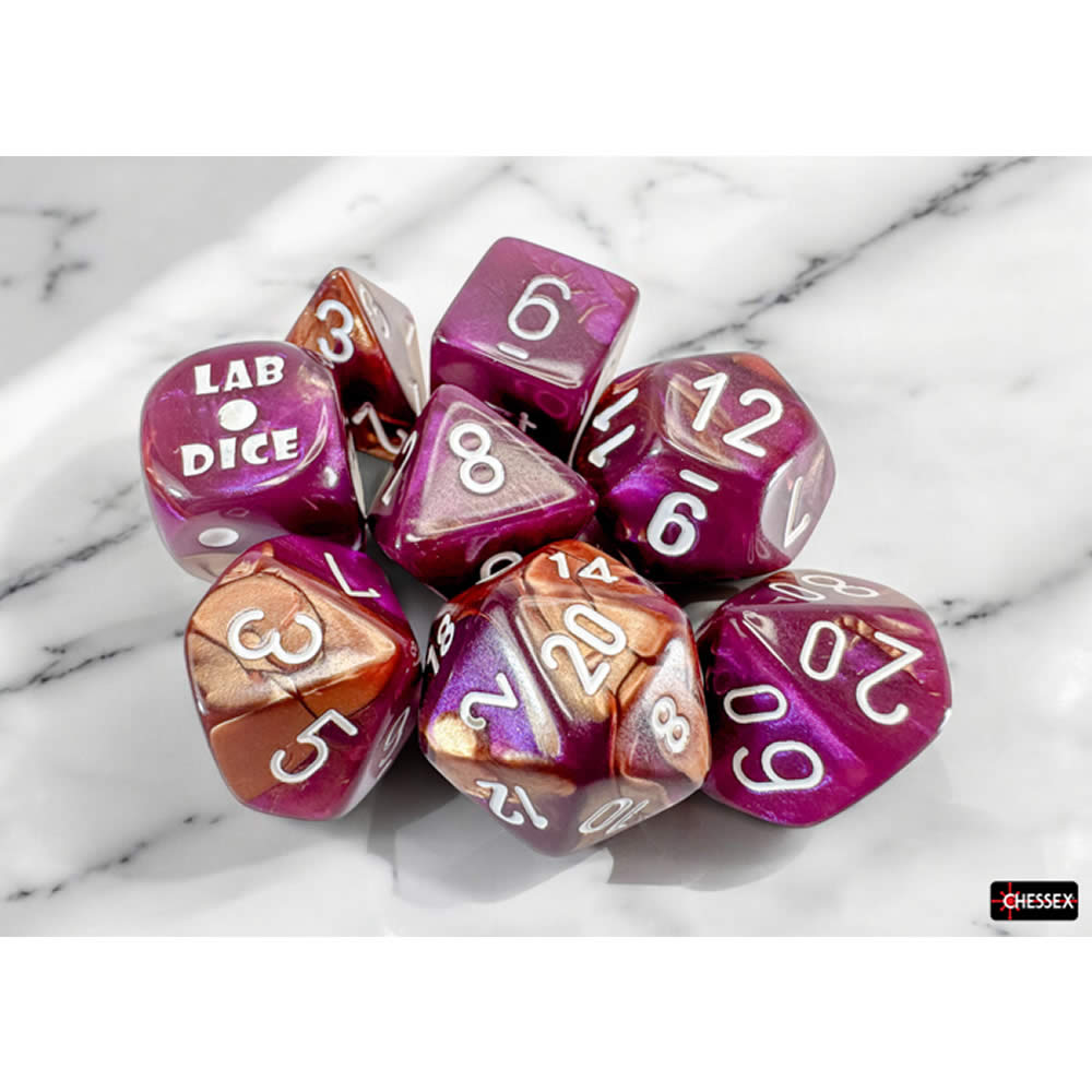 CHX30071 Copper Purple Gemini Dice with White Numbers 7+1 Lab Dice Set 16mm (5/8in) Chessex