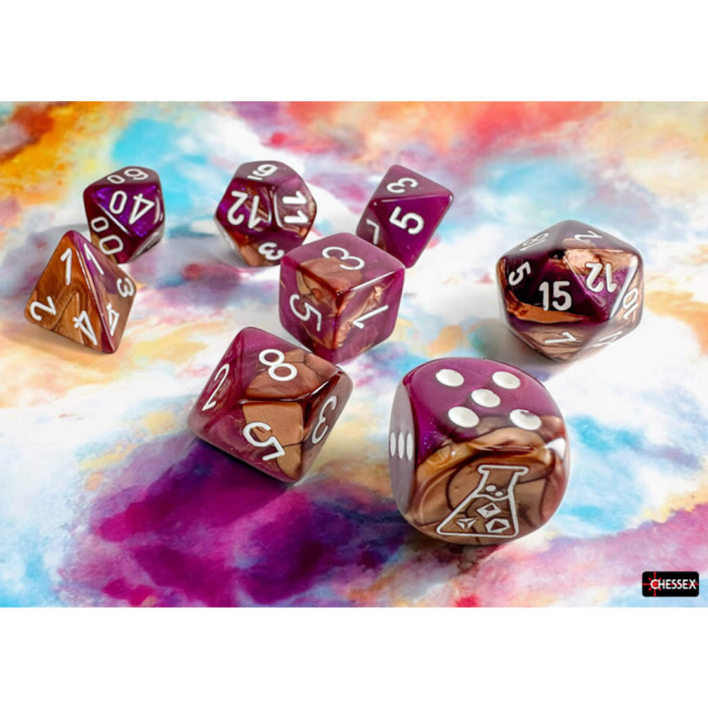 CHX30071 Copper Purple Gemini Dice with White Numbers 7+1 Lab Dice Set 16mm (5/8in) Chessex