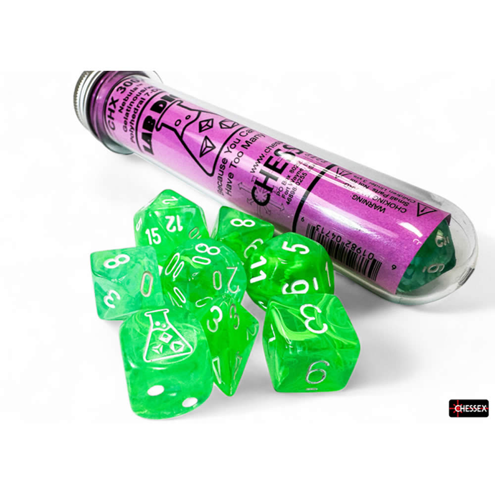 CHX30074 Gelatinous Nebula Dice with Grey Numbers 7+1 Lab Dice Set 16mm (5/8in)
