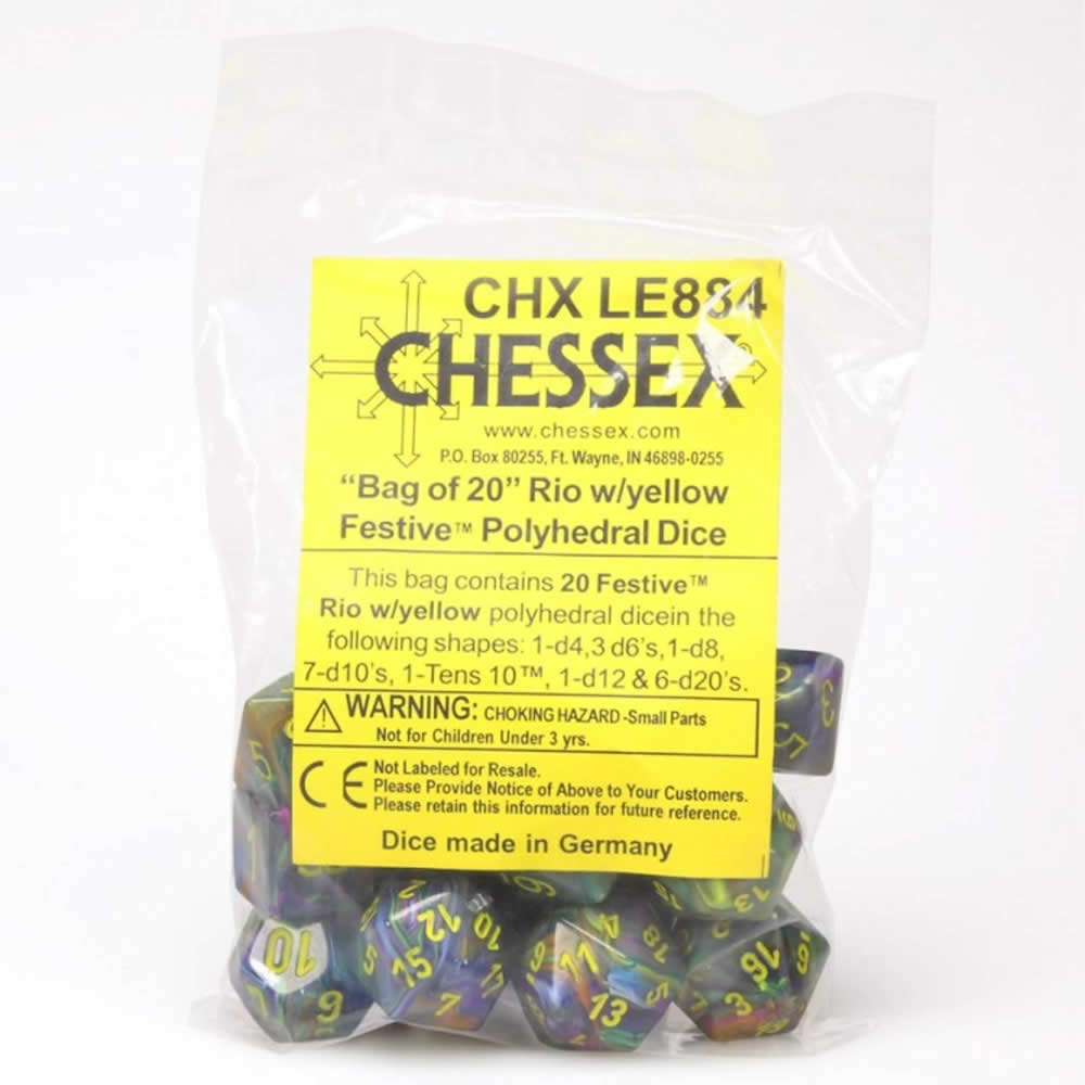 CHXLE884 Rio Festive Dice with Yellow Numbers 16mm (5/8in) Pack of 20