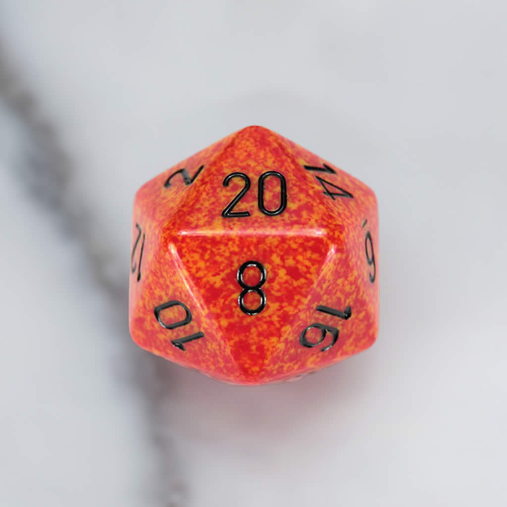 CHXXS2021 Fire Speckled Die Black Numbers D20 34mm (1.34in) Pack of 1