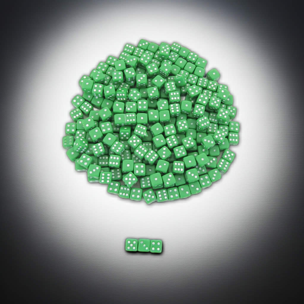 KOP00642 Green Opaque Tiny Dice with White Pips D6 5mm (13/64in) Pack of 250 Dice