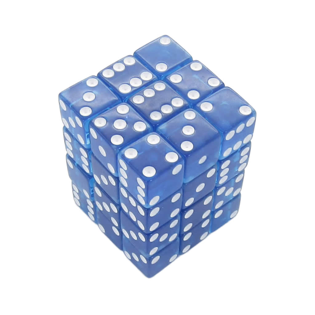 KOP01852 Blue Transparent Squared Corner Dice with White Pips D6 12mm (1/2in) Pack of 36 Dice Koplow Games