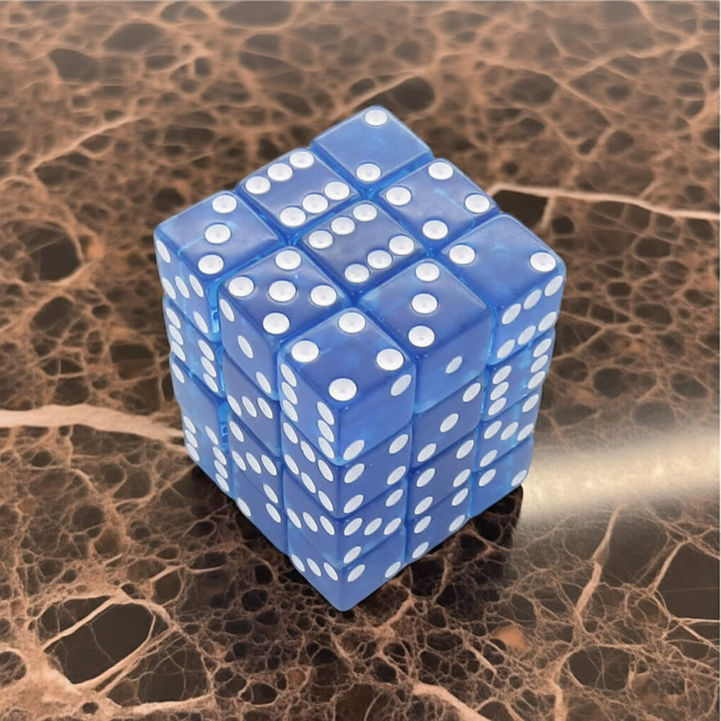 KOP01852 Blue Transparent Squared Corner Dice with White Pips D6 12mm (1/2in) Pack of 36 Dice Koplow Games