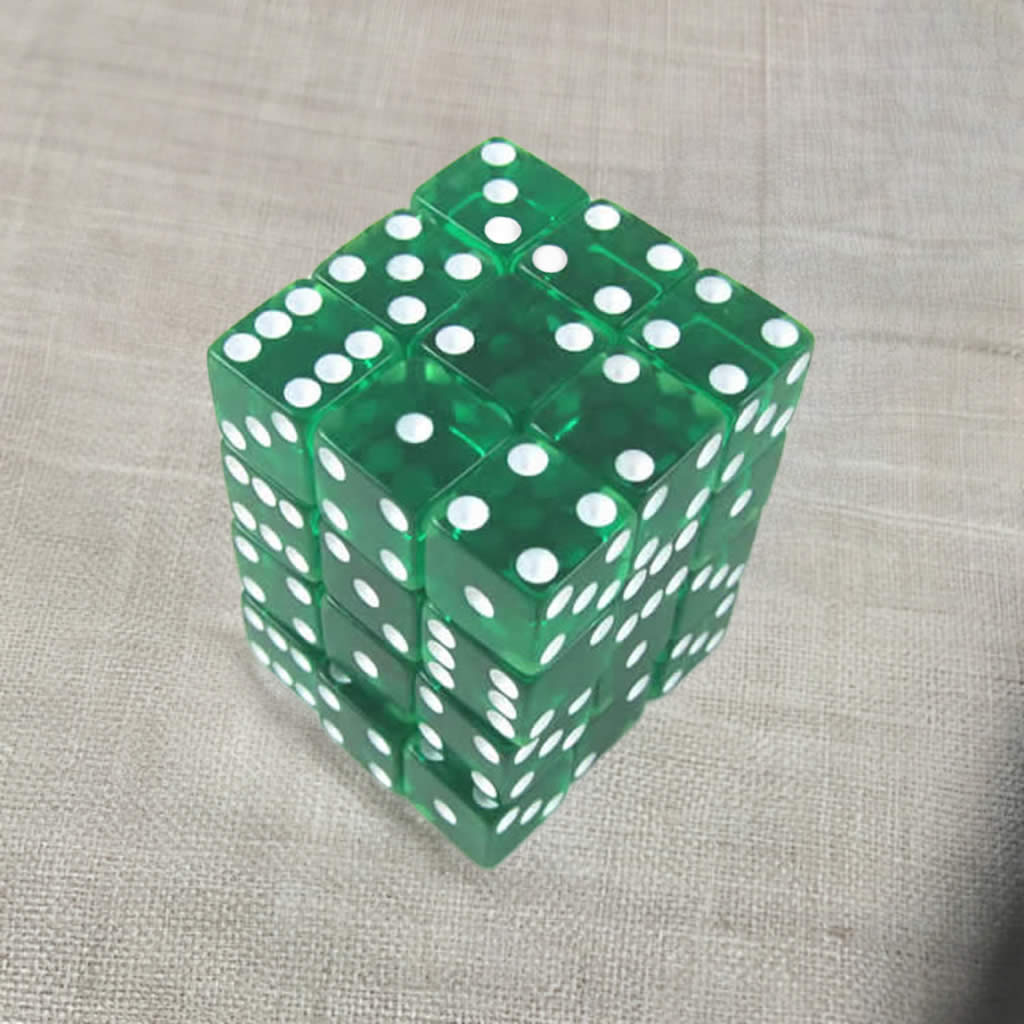 KOP01853 Green Transparent Squared Corner Dice with White Pips D6 12mm (1/2in) Pack of 36 Dice