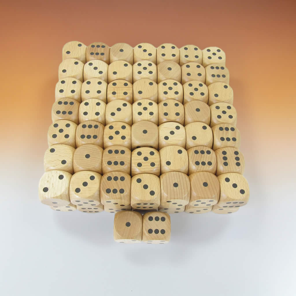 KOP02180 Wood Dice with Black Pips D6 30mm (1.18in) pack of 100