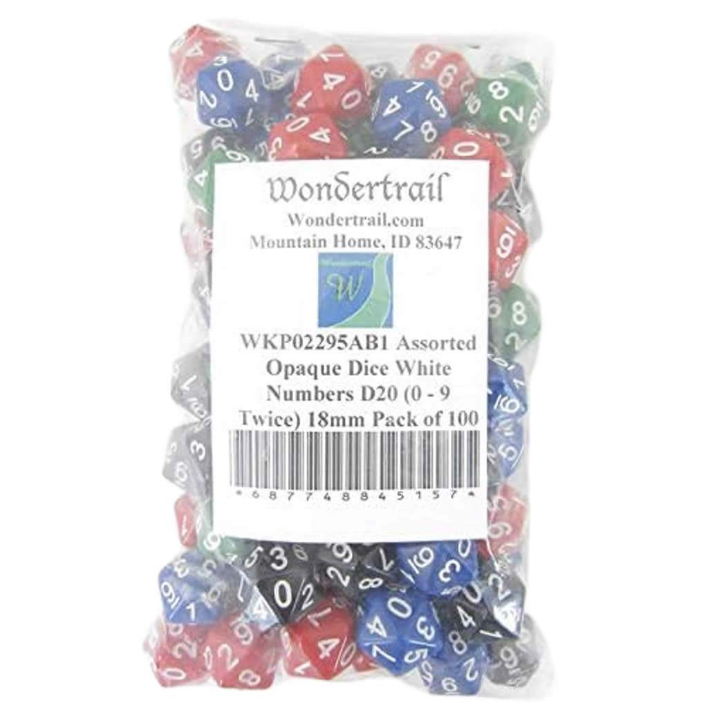 WKP02295AB1 Assorted Opaque Dice White Numbers D20 (0 - 9 Twice) 18mm Pack of 100