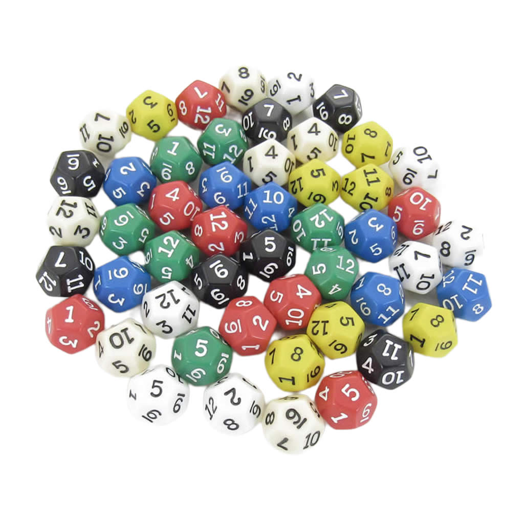KOP02734 Assorted Opaque Dice Black Numbers D12 16mm Bulk Pack of 50