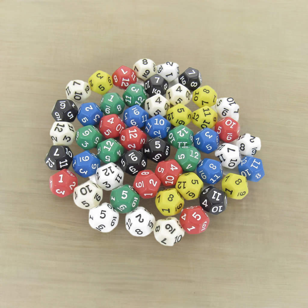 KOP02734 Assorted Opaque Dice Black Numbers D12 16mm Bulk Pack of 50