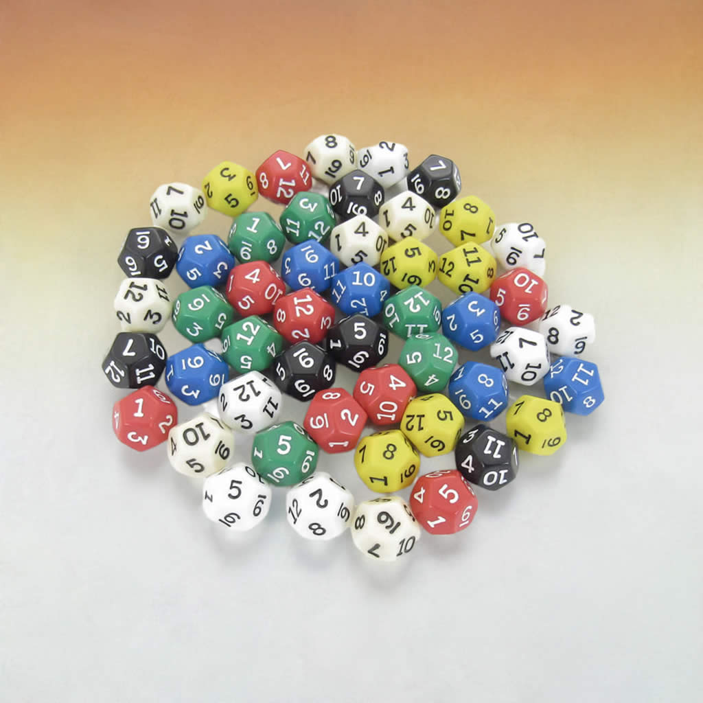KOP02734 Assorted Opaque Dice Black Numbers D12 16mm Bulk Pack of 50