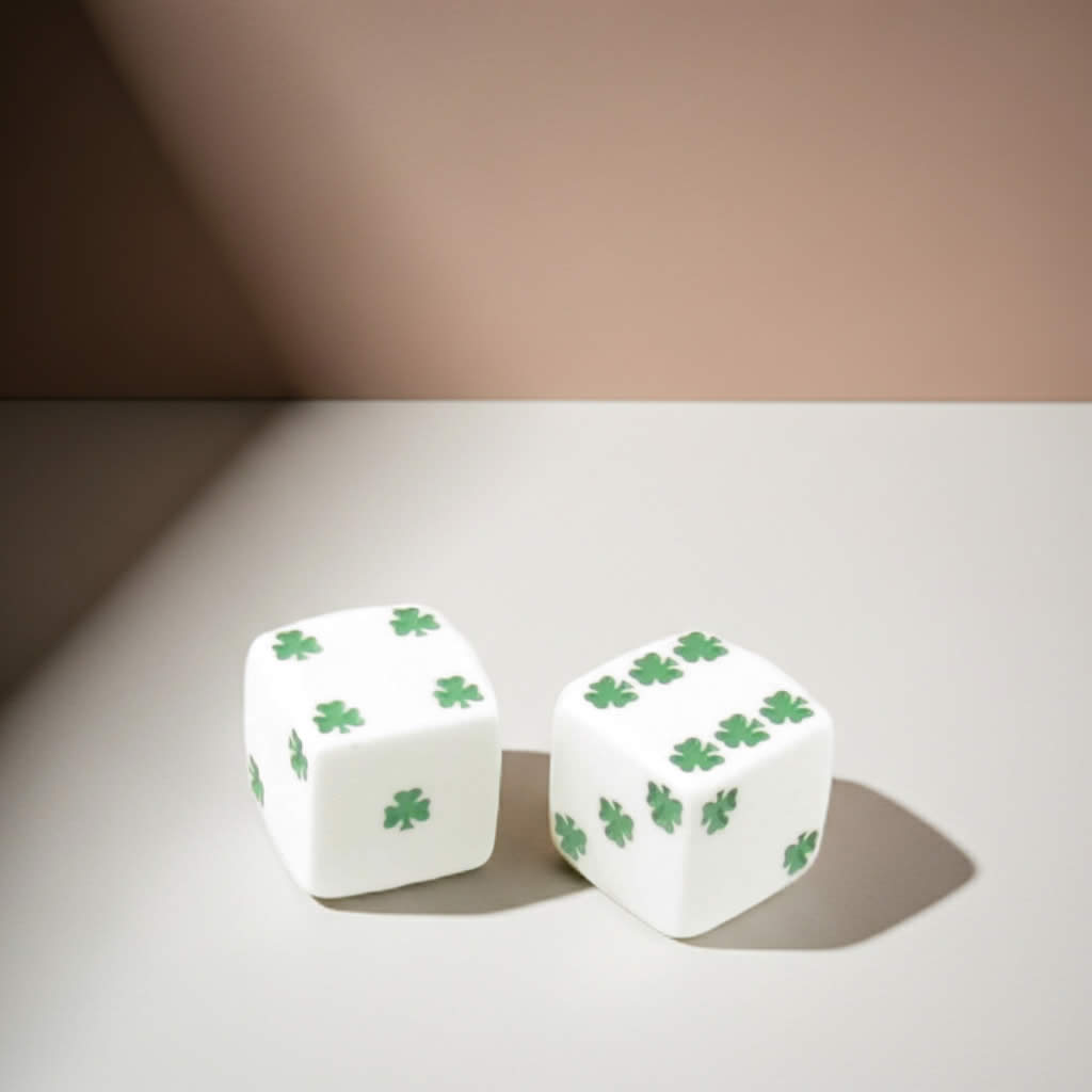 KOP03944 White Lucky Dice with Green Clovers D6 25mm (1in) Pack of 2 Dice
