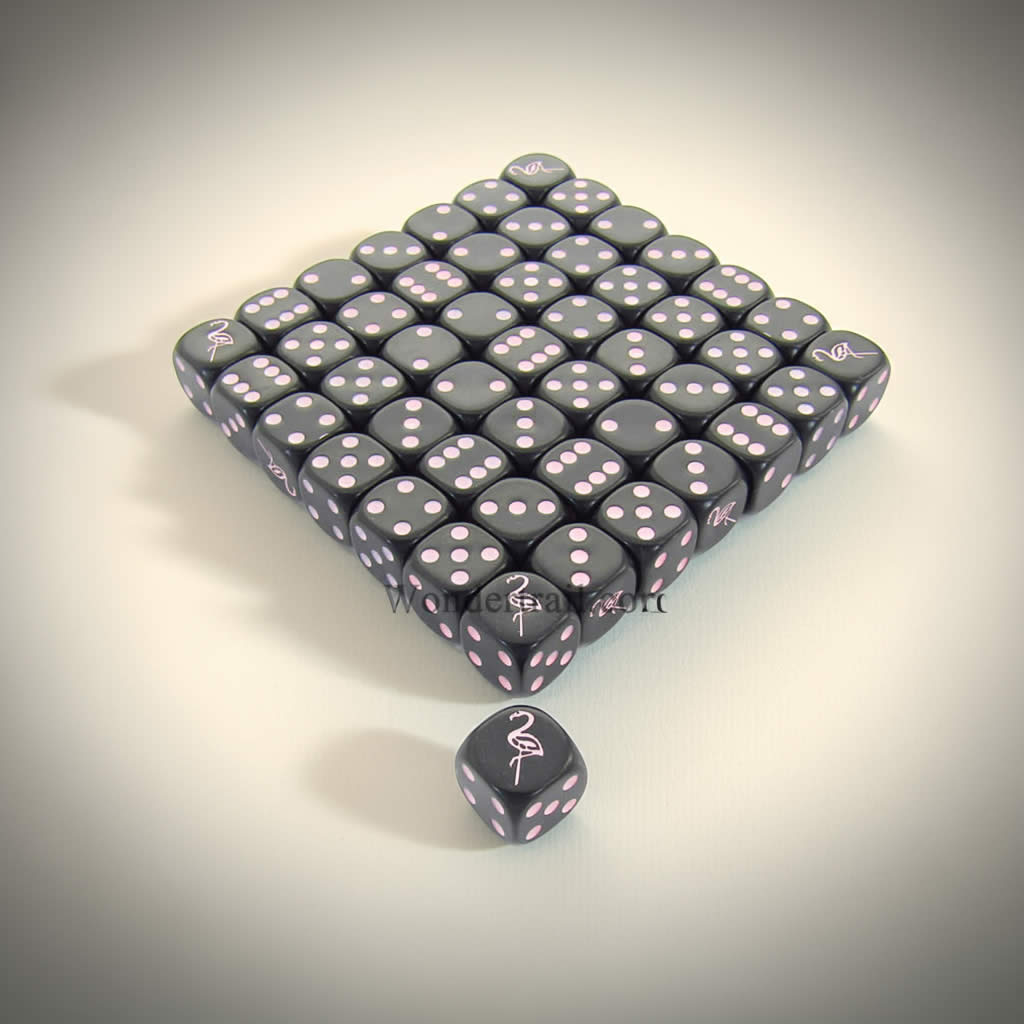 KOP04926 Flamingo Dice Opaque Black with Pink Pips 16mm (5/8in) Bulk Pack of 50 Dice
