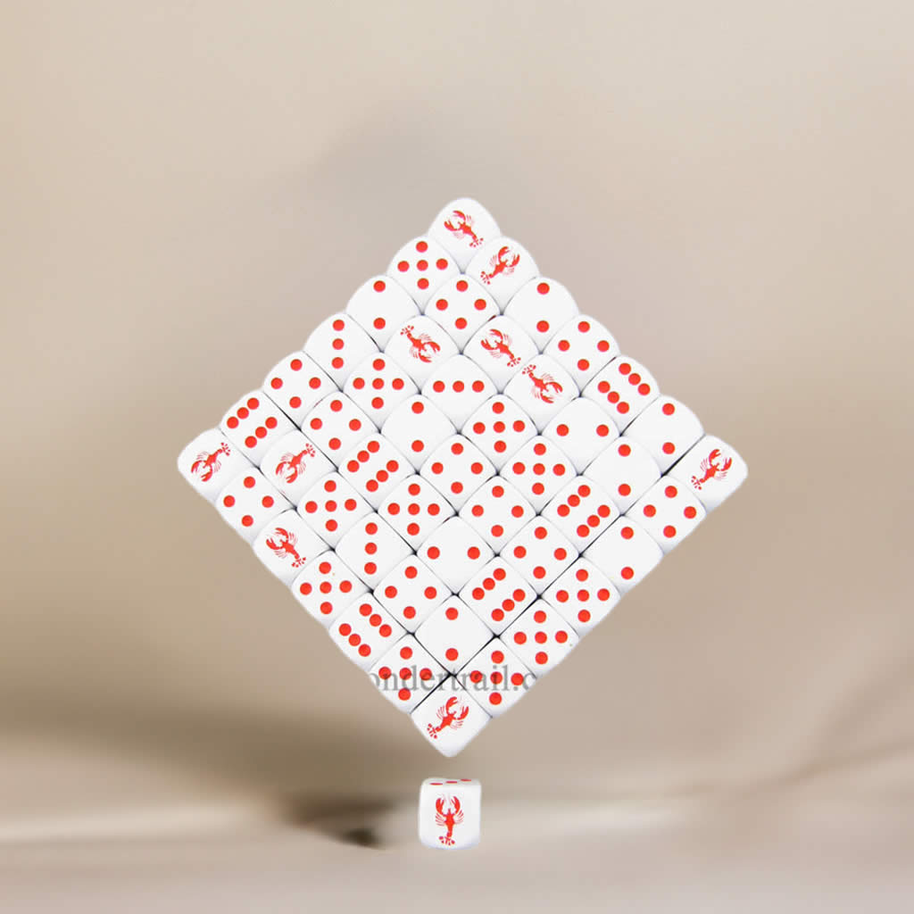 KOP04941 Lobster Dice Opaque White Red Pips 16mm Bulk Pack of 50