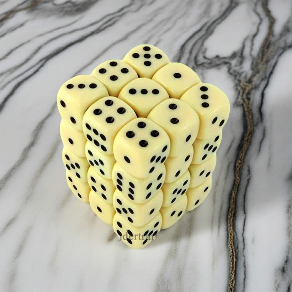 KOP05114 Ivory Opaque Deluxe Dice with Black Pips D6 12mm (1/2in) Pack of 36 Dice