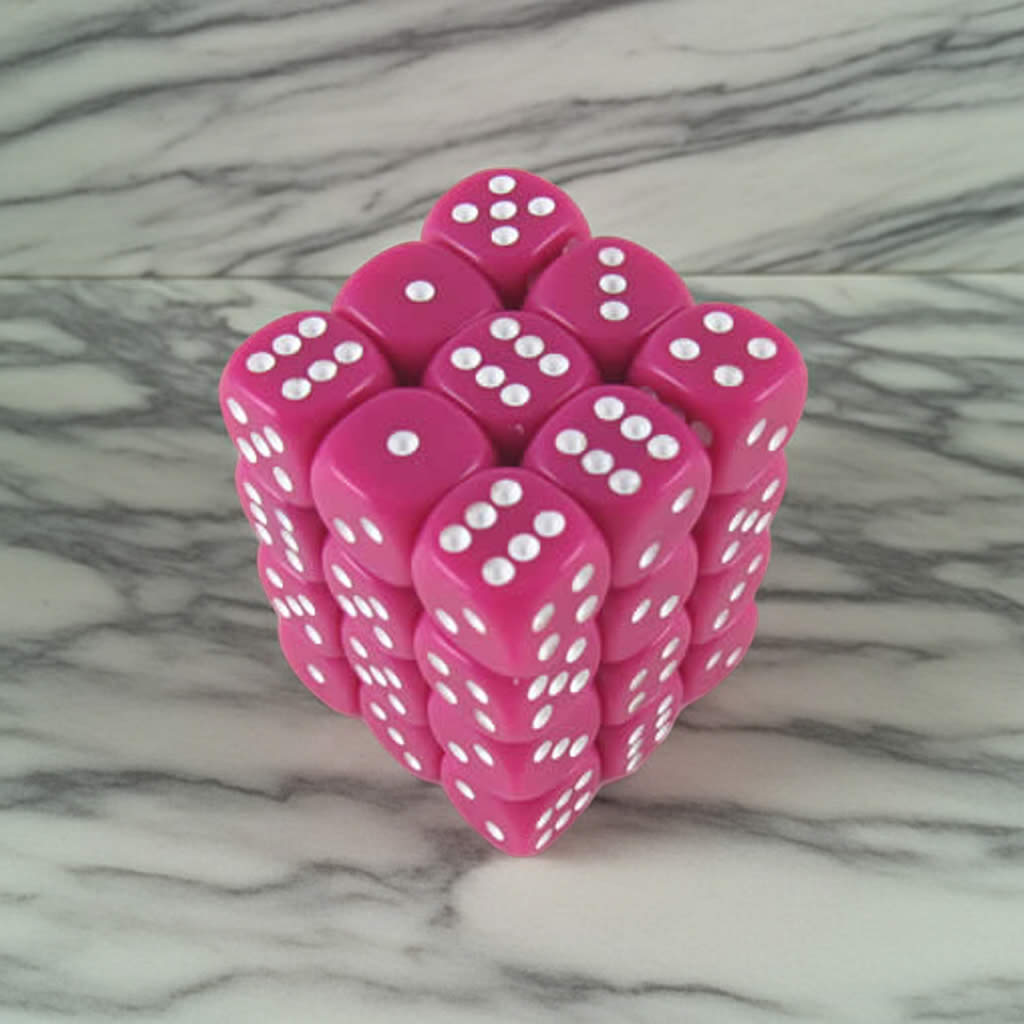 KOP05115 Pink Opaque Deluxe Dice with White Pips D6 12mm (1/2in) Pack of 36 Dice