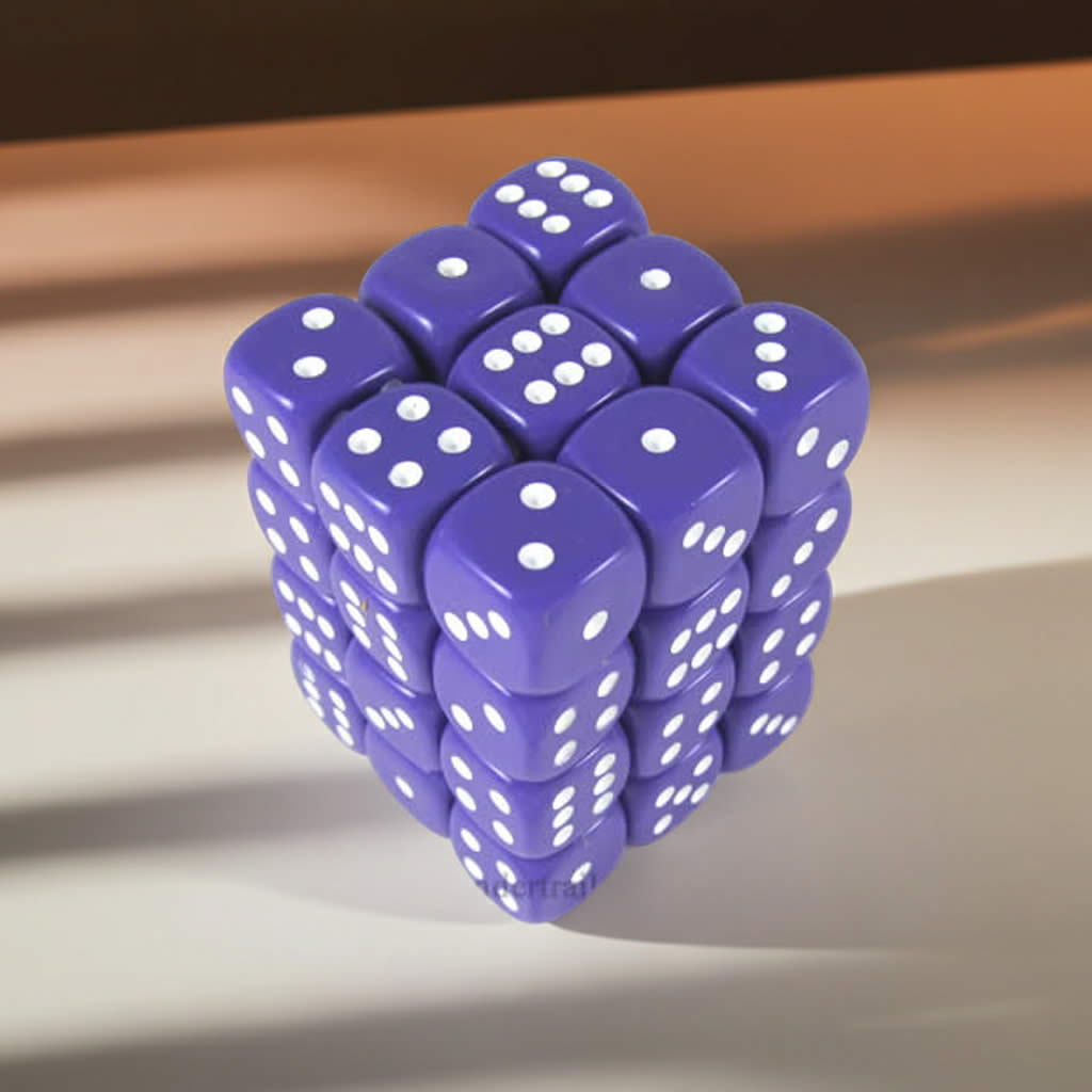KOP05116 Purple Opaque Deluxe Dice with White Pips D6 12mm (1/2in) Pack of 36 Dice