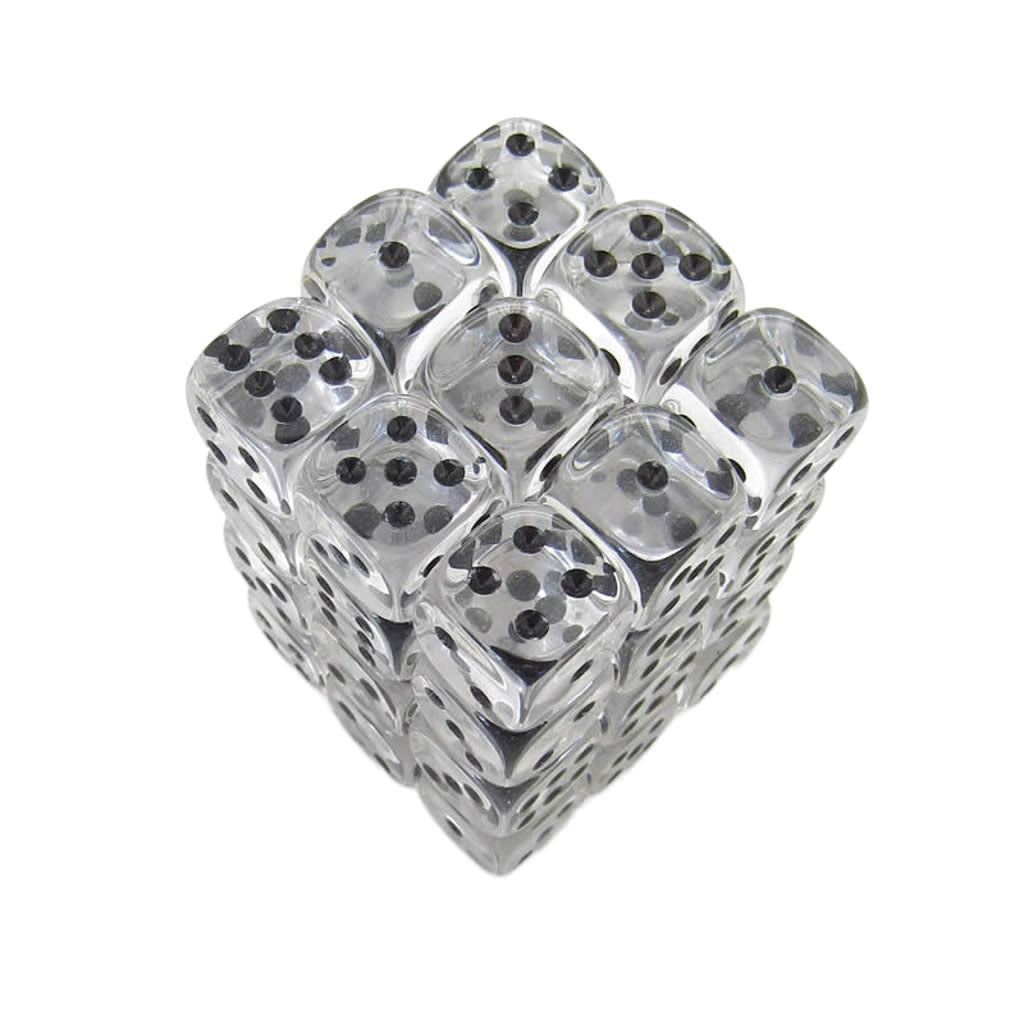 KOP05121 Clear Transparent Deluxe Dice Black Pips D6 12mm Pack of 36