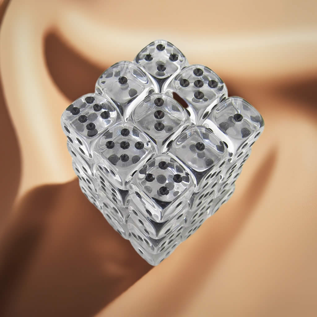 KOP05121 Clear Transparent Deluxe Dice Black Pips D6 12mm Pack of 36
