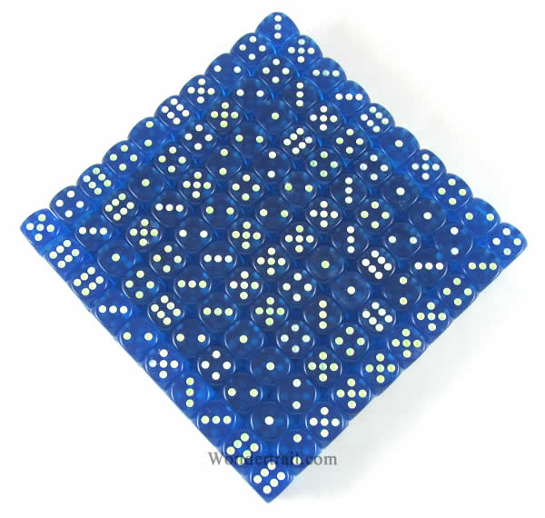 KOP05160 Blue Transparent Dice Glow in the Dark Pips D6 16mm Bulk Pack of 200