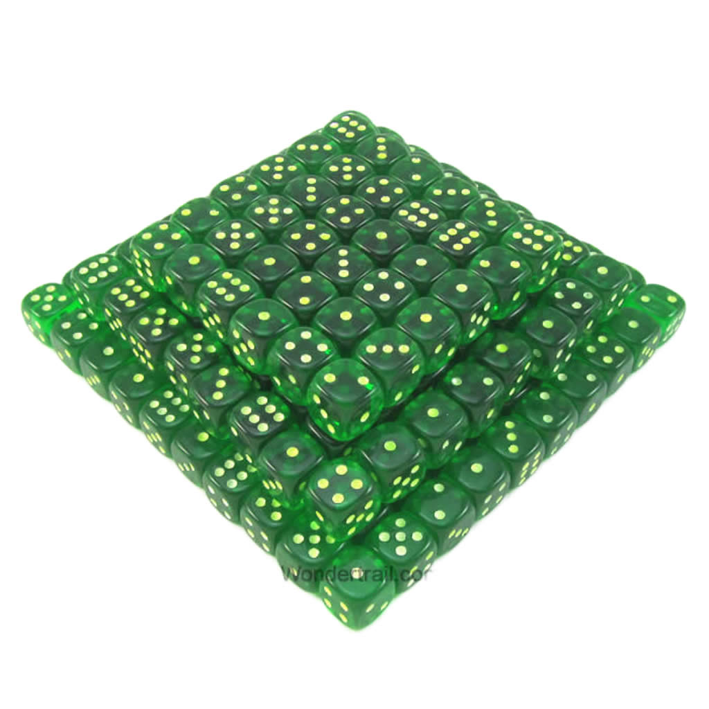 KOP05161 Green Transparent Dice Glow in the Dark Pips D6 16mm Bulk Pack of 200