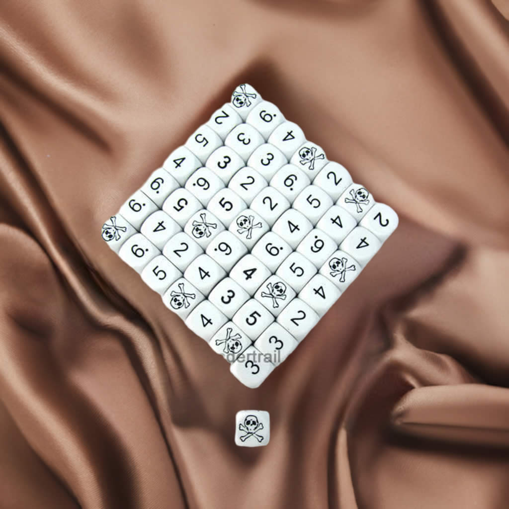 KOP05694 Skull Dice White Opaque Black Standard Numbers 16mm Bulk Pack of 50