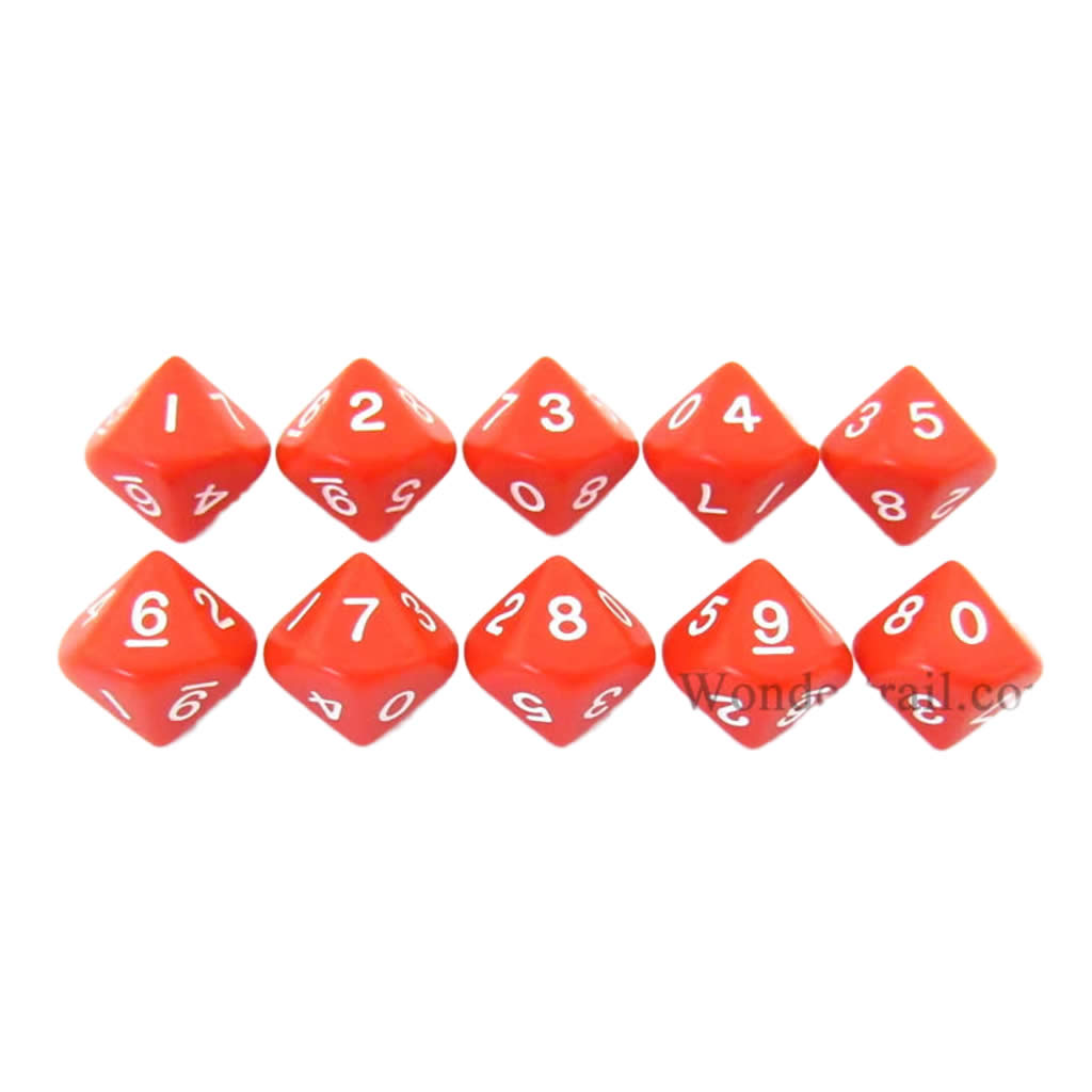 KOP08511 Red Opaque Dice White Numbers D10 16mm (5/8in) Pack of 10