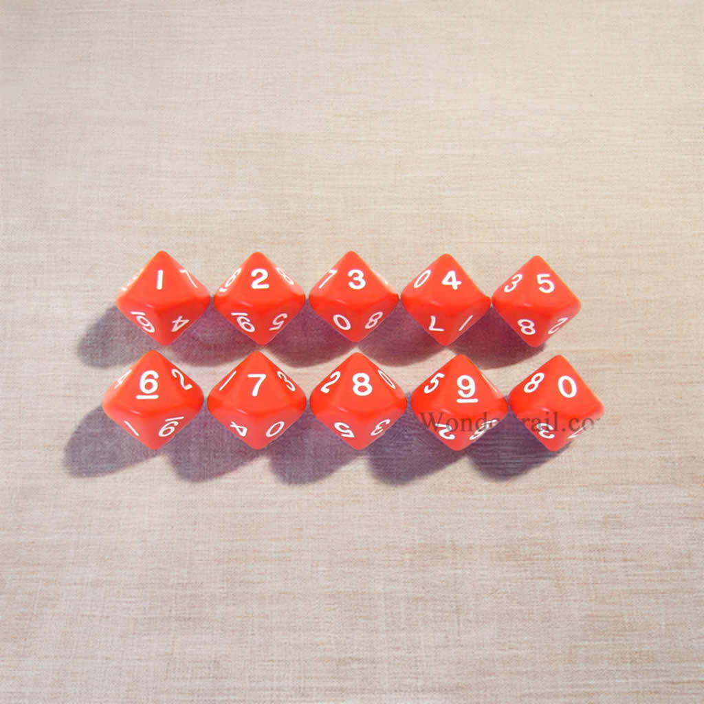 KOP08511 Red Opaque Dice White Numbers D10 16mm (5/8in) Pack of 10