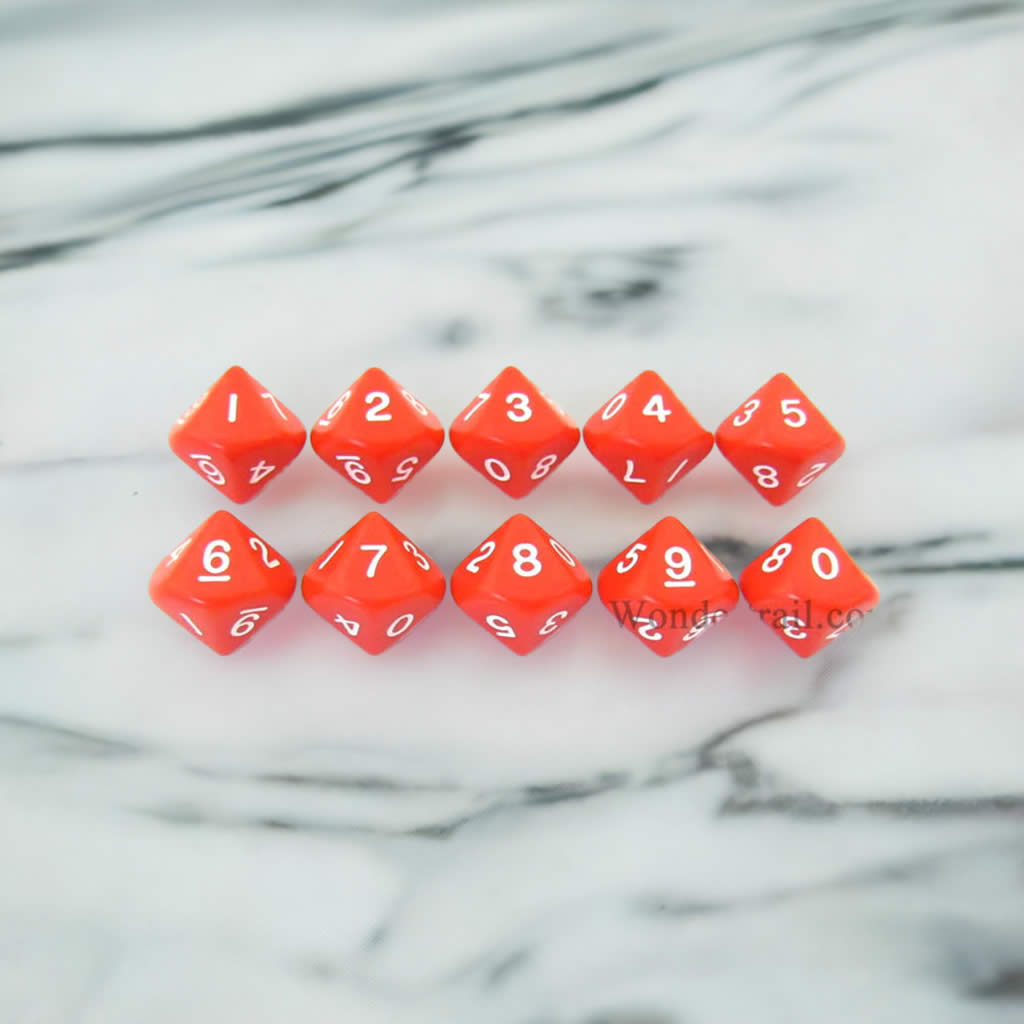 KOP08511 Red Opaque Dice White Numbers D10 16mm (5/8in) Pack of 10