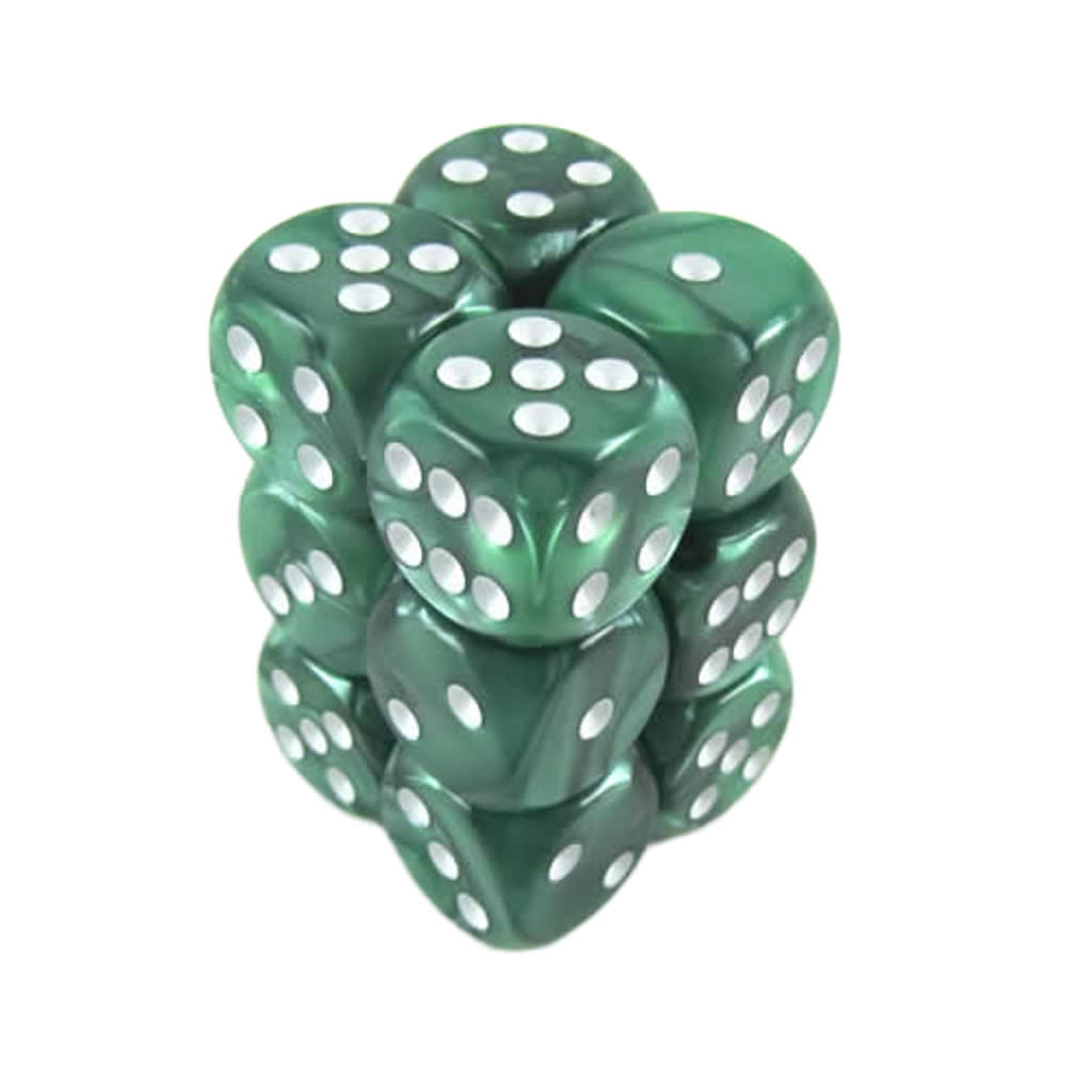 KOP08576 Green Marbleized Deluxe Dice White Pips D6 16mm Pack of 12