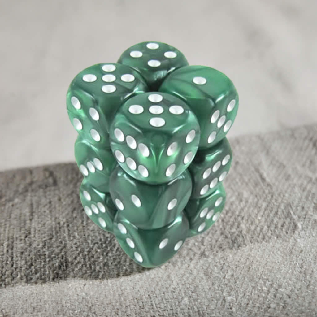 KOP08576 Green Marbleized Deluxe Dice White Pips D6 16mm Pack of 12