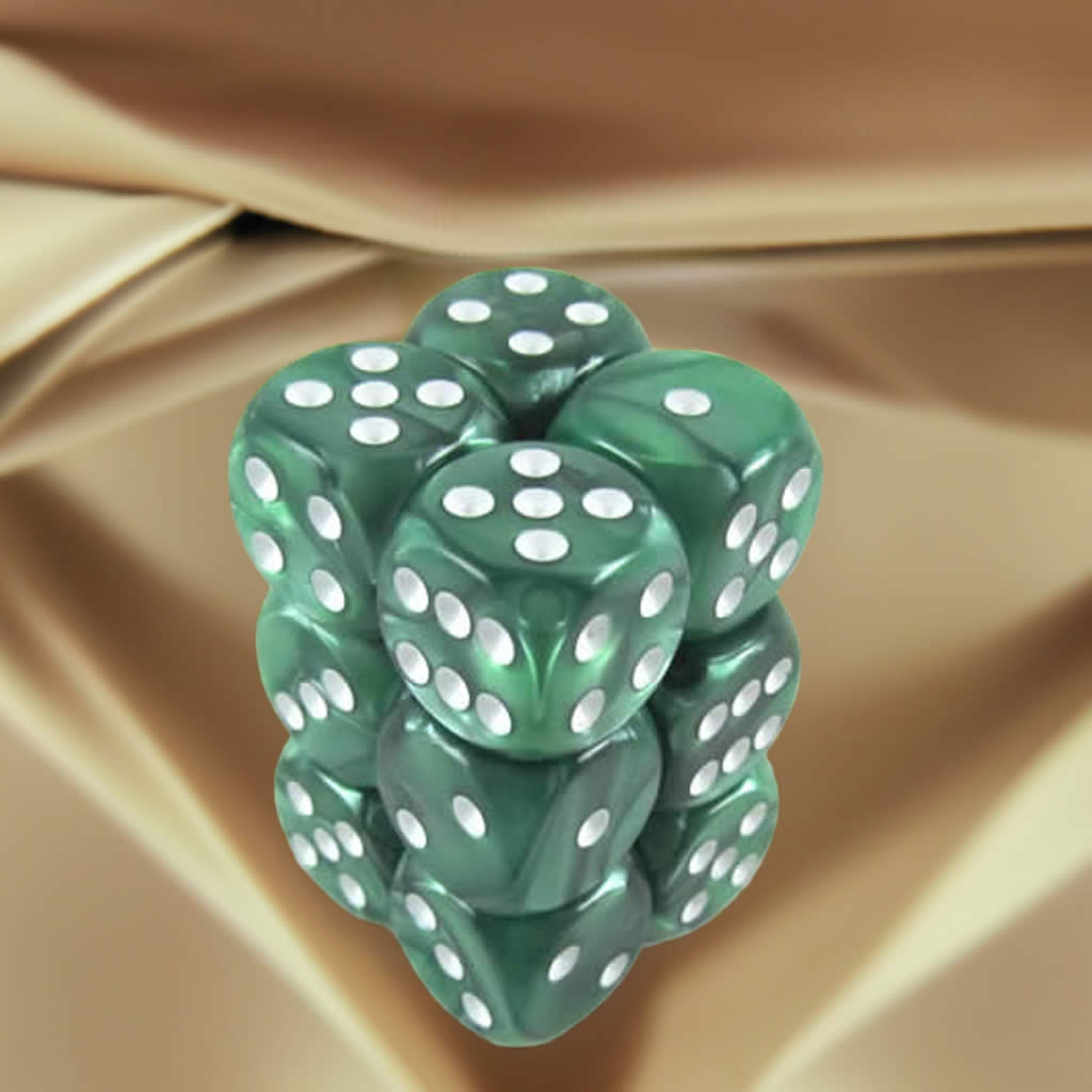 KOP08576 Green Marbleized Deluxe Dice White Pips D6 16mm Pack of 12