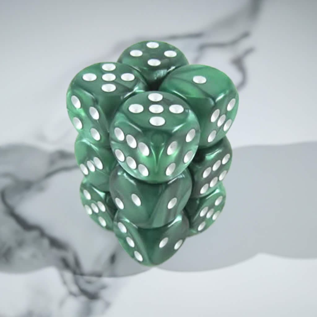 KOP08576 Green Marbleized Deluxe Dice White Pips D6 16mm Pack of 12