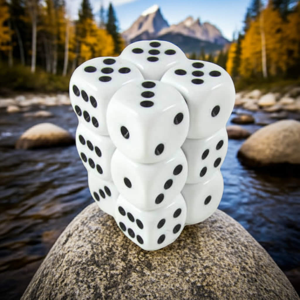 KOP08589 White Opaque Deluxe Dice with Black Pips D6 16mm (5/8in) Pack of 12 Dice Koplow Games