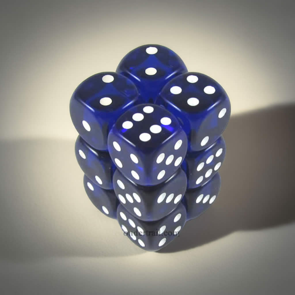 KOP08596 Blue Transparent Deluxe Dice with White Pips D6 16mm (5/8in) Pack of 12 Dice