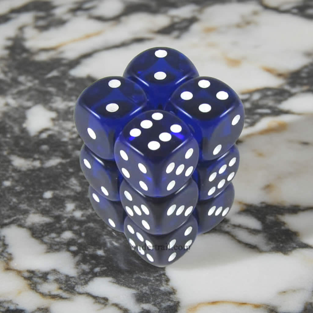 KOP08596 Blue Transparent Deluxe Dice with White Pips D6 16mm (5/8in) Pack of 12 Dice