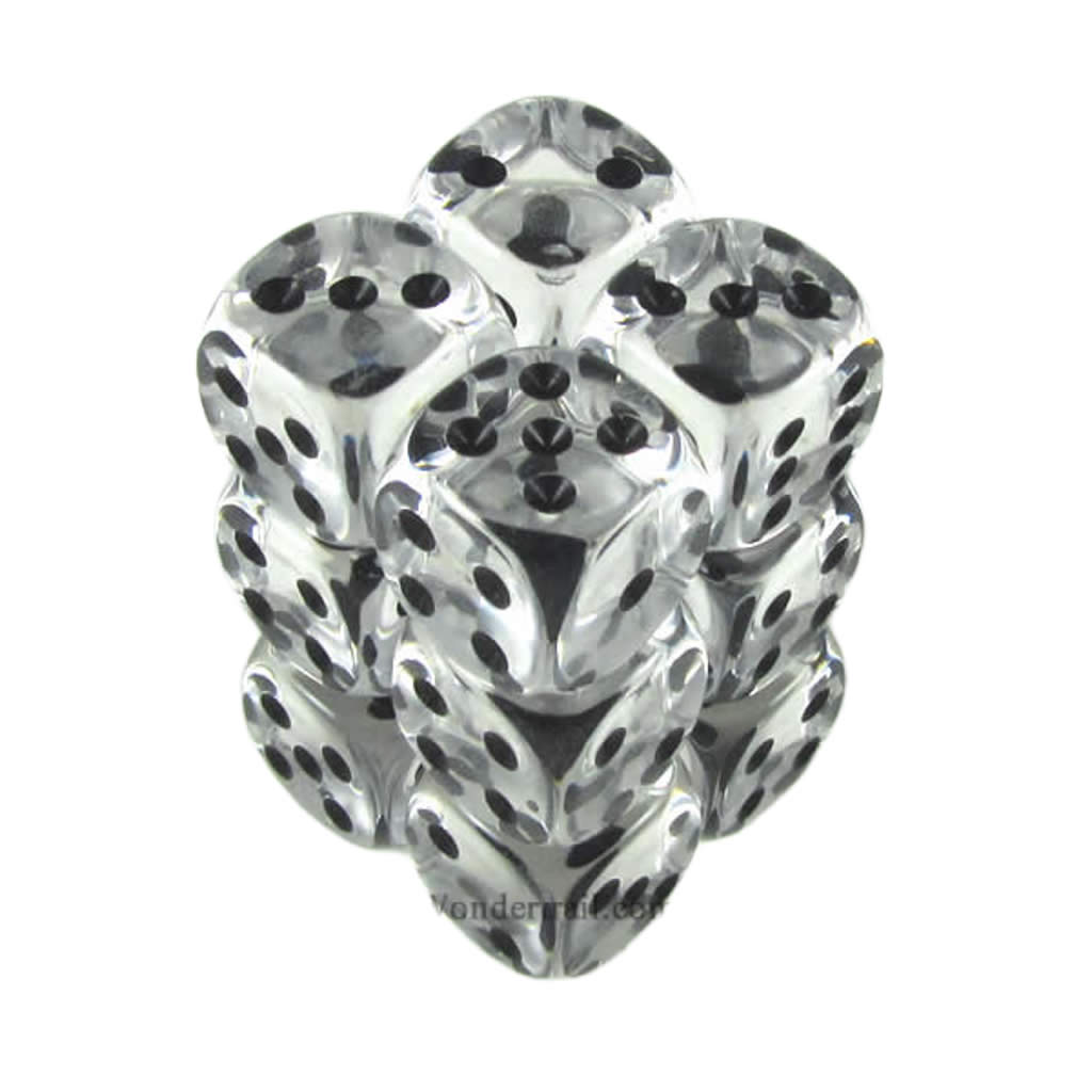 KOP08597 Clear Transparent Deluxe Dice Black Pips D6 16mm Pack of 12