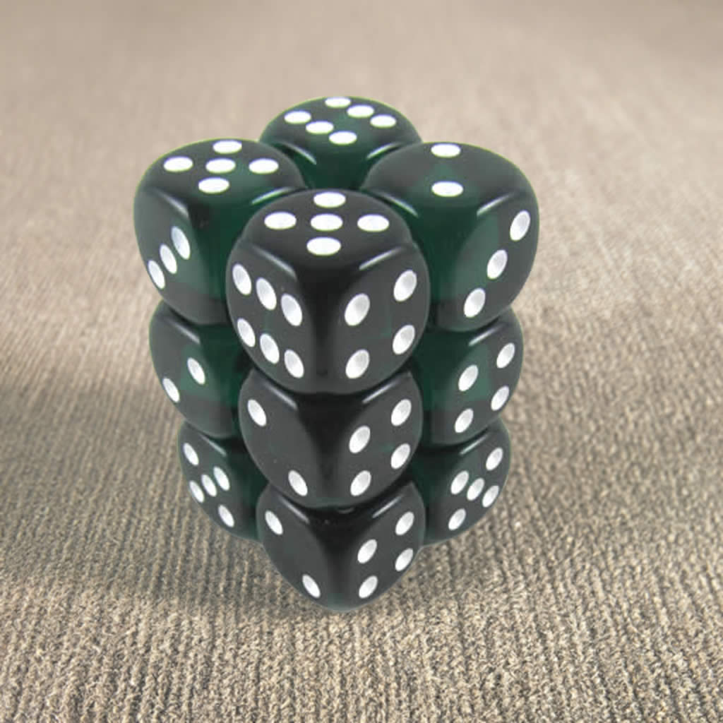 KOP08598 Green Transparent Deluxe Dice White Pips D6 16mm Pack of 12