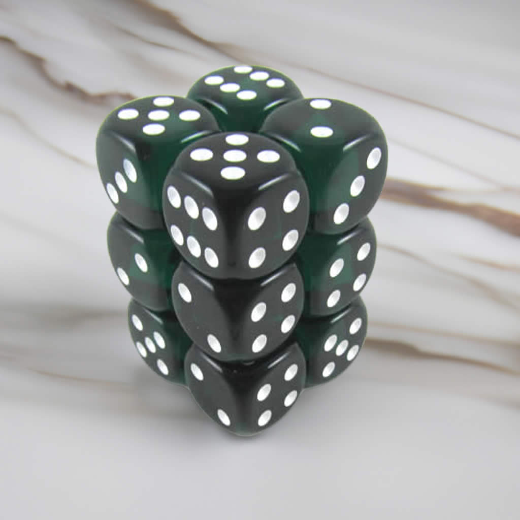 KOP08598 Green Transparent Deluxe Dice White Pips D6 16mm Pack of 12