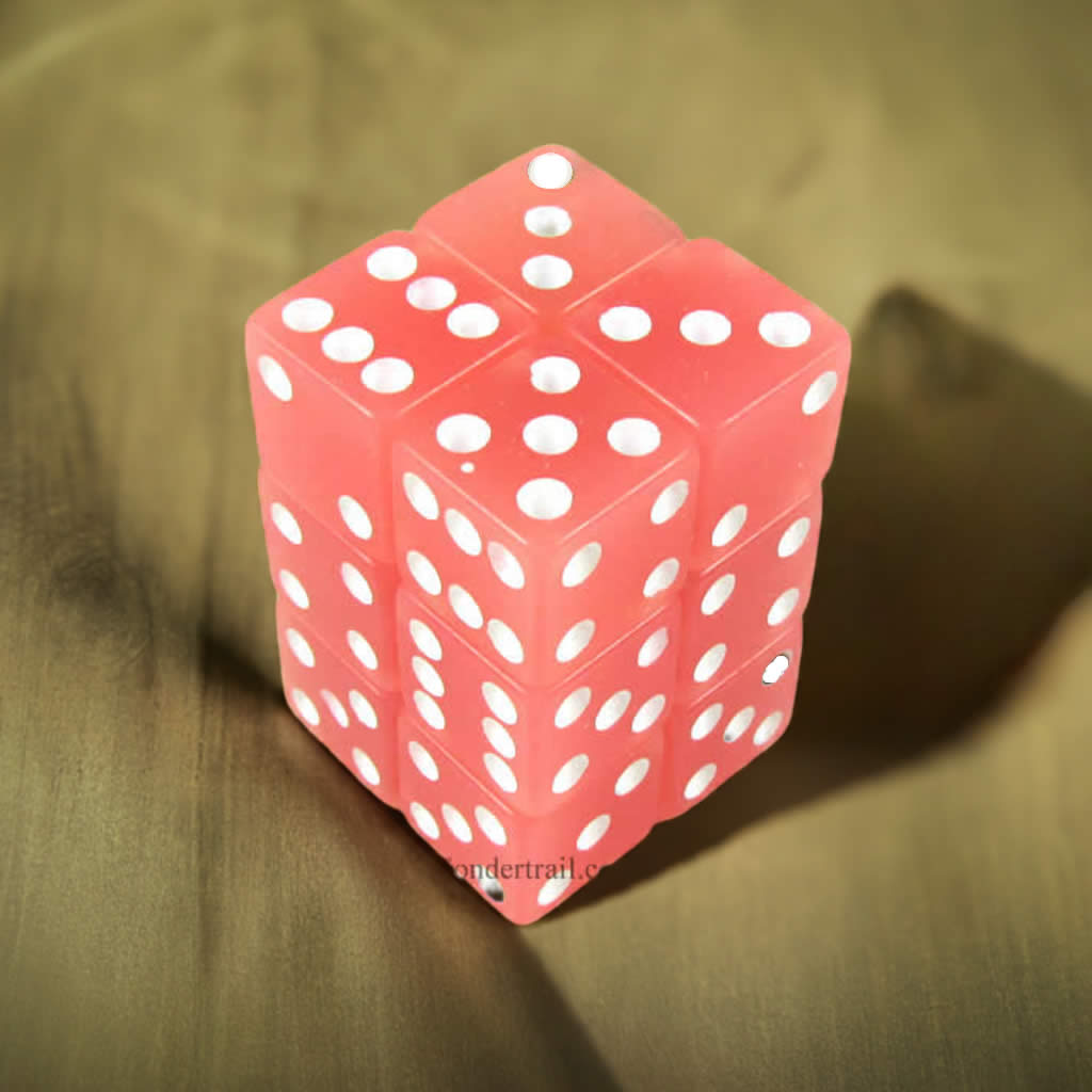 KOP08610 Peach Glow in the Dark Dice White Pips D6 16mm Pack of 12
